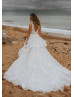 Plunging Neck Ivory Lace Tulle Ruffled Wedding Dress